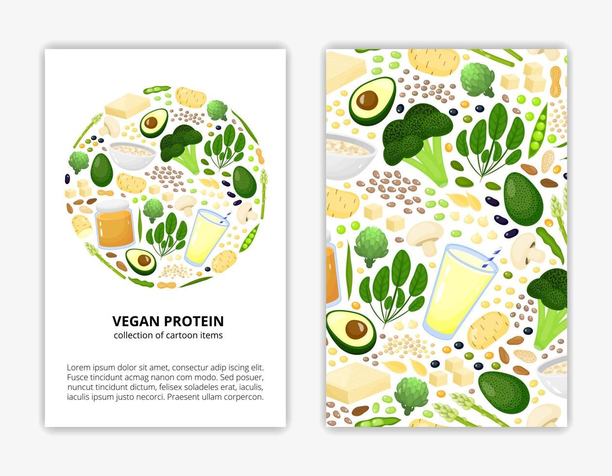 plantillas de tarjetas con productos de proteínas veganas. vector