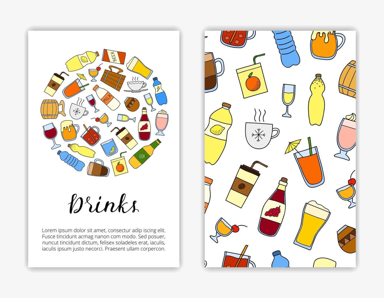 plantillas de tarjetas con bebidas de garabatos. vector