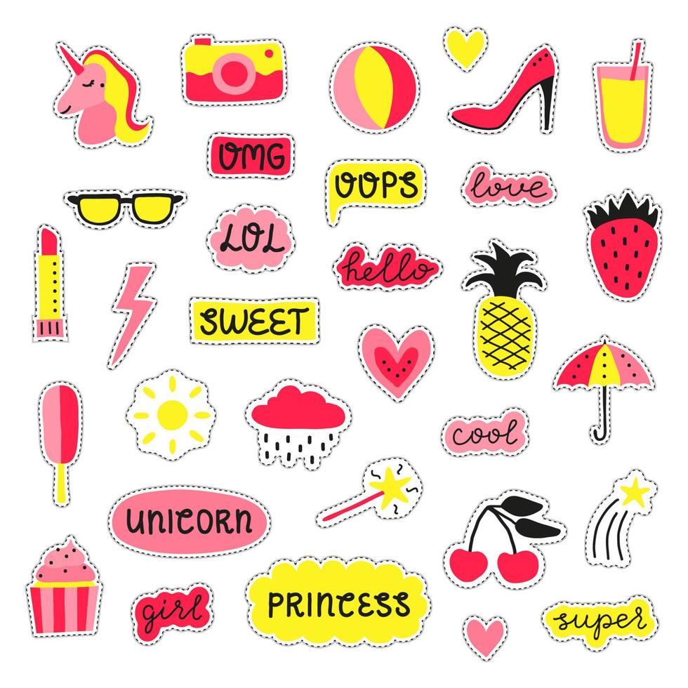 Collection of girly pop stickers. vector