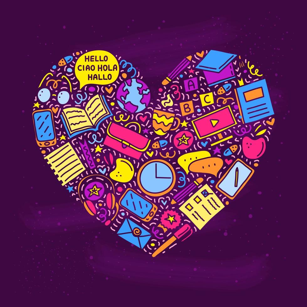Doodle language courses icons in heart shape. vector