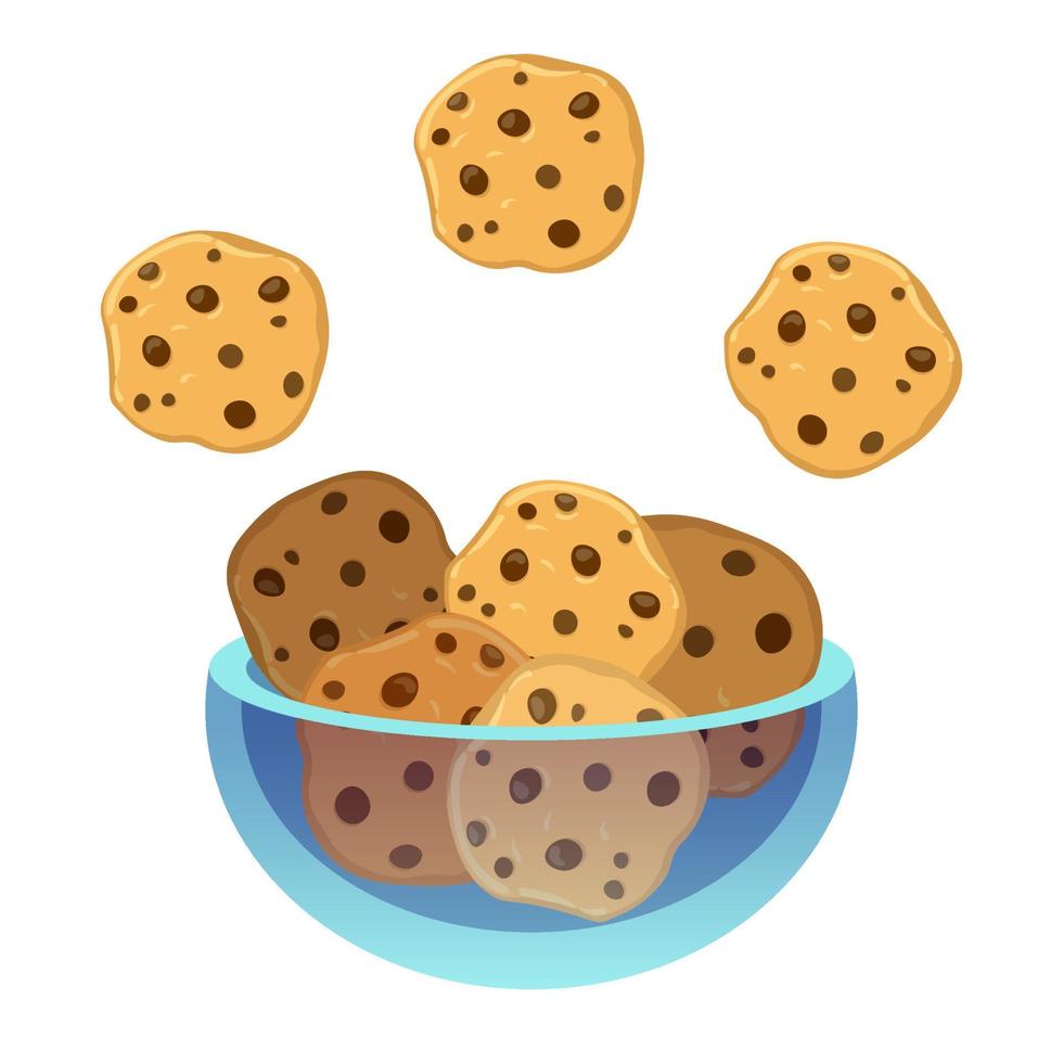 Chocolate chip cookie plate. Delicious cookies. Clear glass plate. Vector illustration isolated on white background.