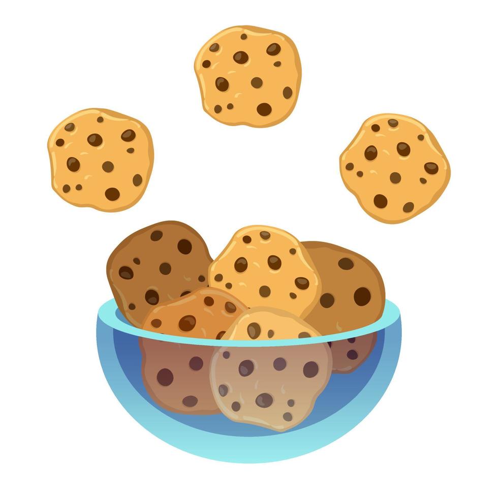 plato de galletas con chispas de chocolate. deliciosas galletas placa de vidrio transparente. ilustración vectorial aislado sobre fondo blanco. vector