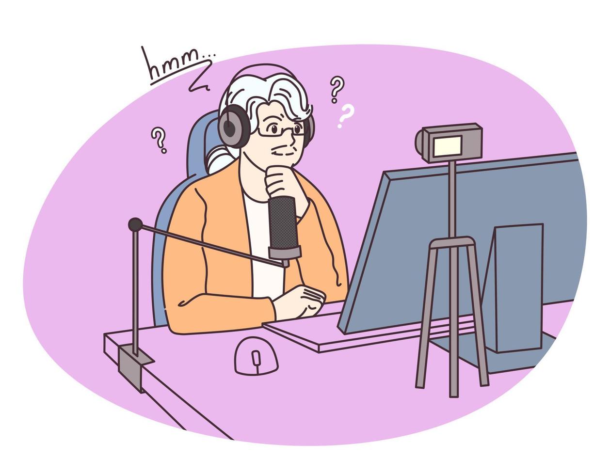 Grandma streamer. Elderly woman hosts live-streaming video event. Older generation using modern tech. Thoughtful grandmother