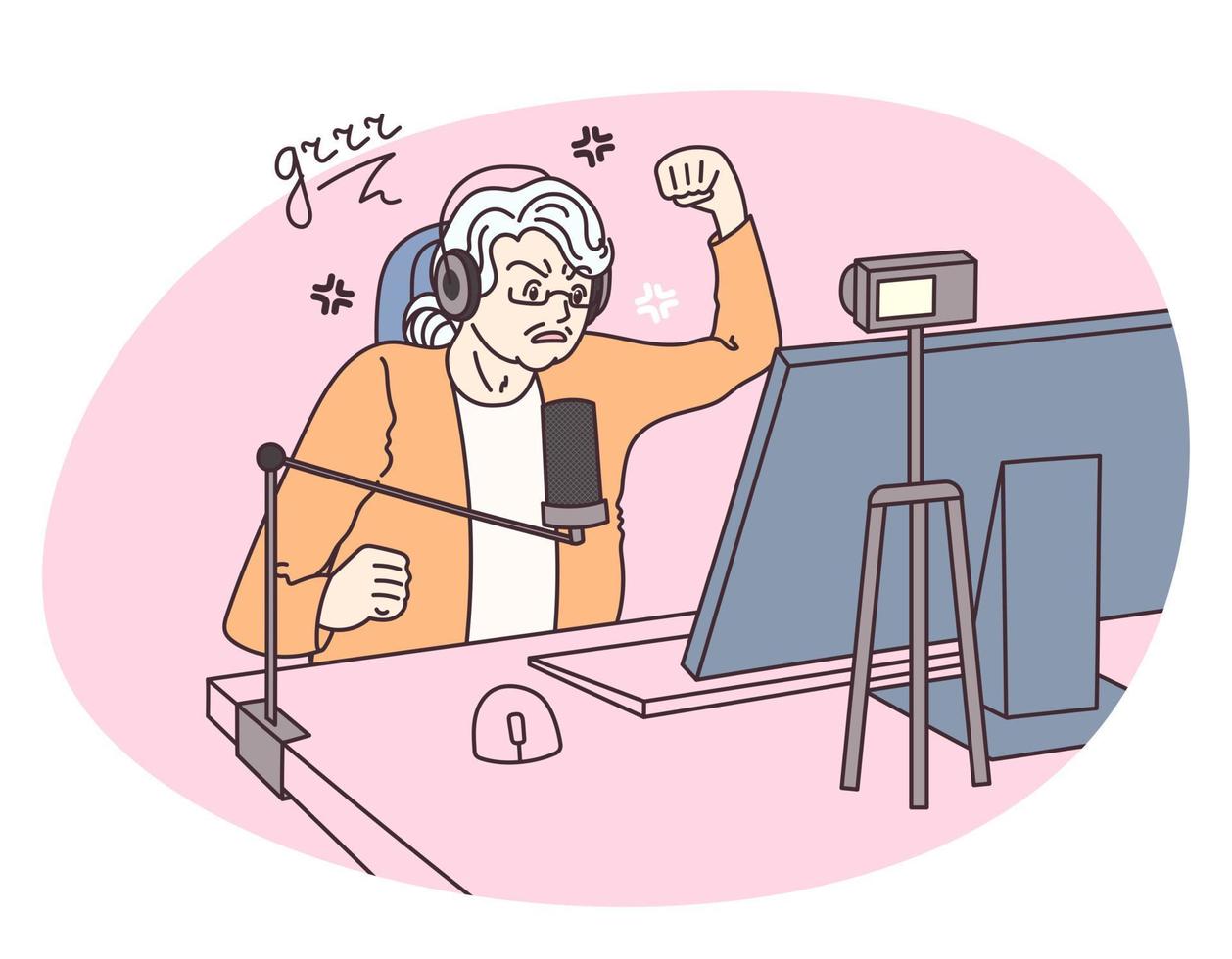 Grandma streamer. Elderly woman hosts live-streaming video event. Older generation using modern tech. Angry grandmother. Vector illustration isolated on white background.