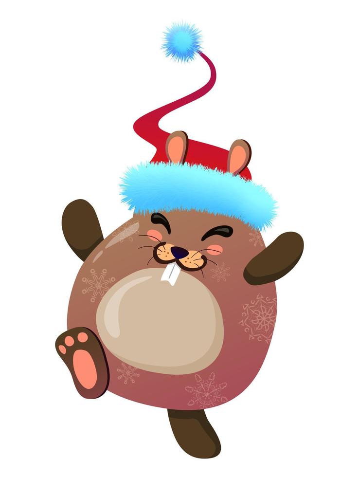 Cheerful cute hamster in christmas red hat. New year art in cartoon style. Vector illustration isolated on white background.