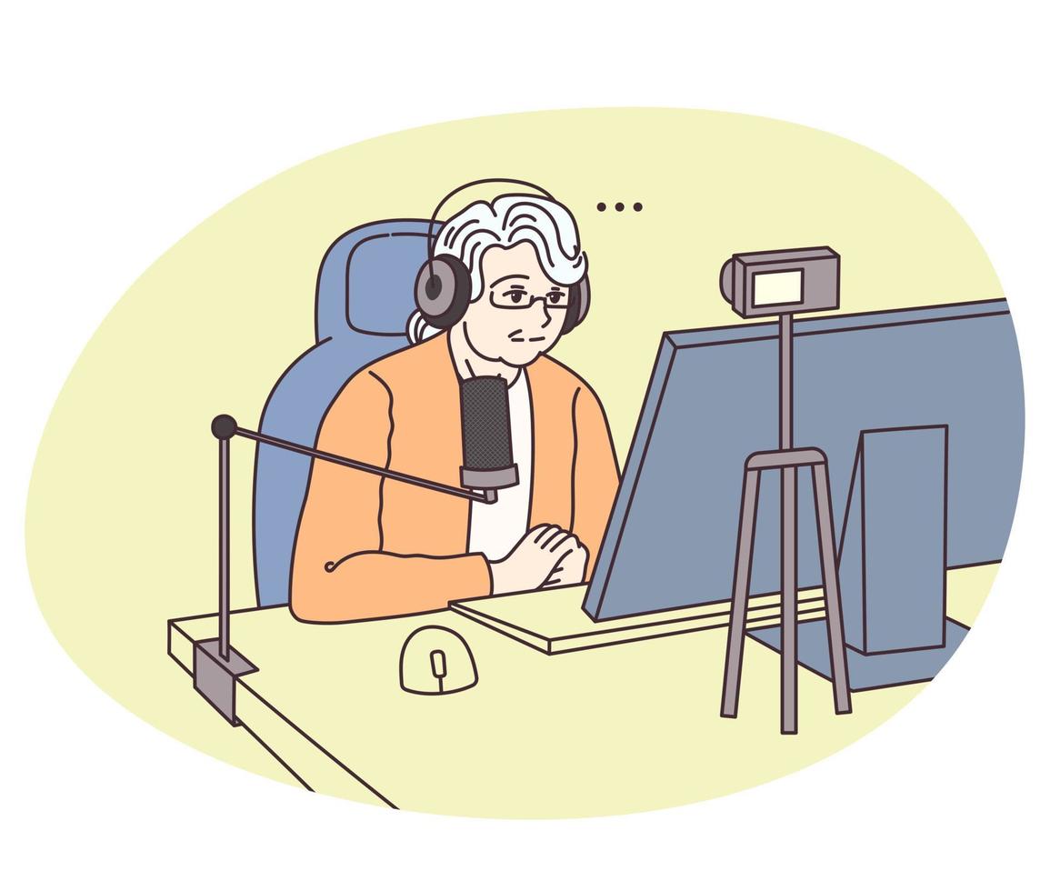 Grandma streamer. Elderly woman hosts live-streaming video event. Older generation using modern tech. Serious and focused grandmother. Vector illustration isolated on white background.