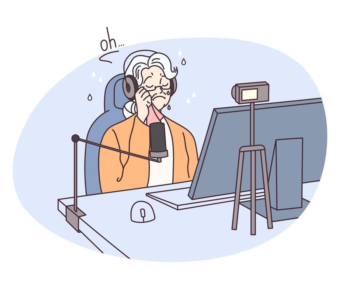 Grandma streamer. Elderly woman hosts live-streaming video event. Older generation using modern tech. Sad and crying grandmother. Vector illustration isolated on white background.