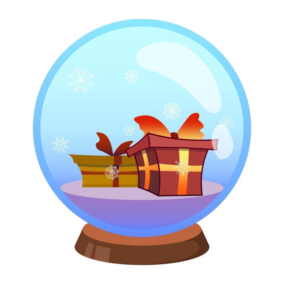 Merry christmas glass ball with gifts inside. Flat cartoon style vector illustration concept isolated on white background.