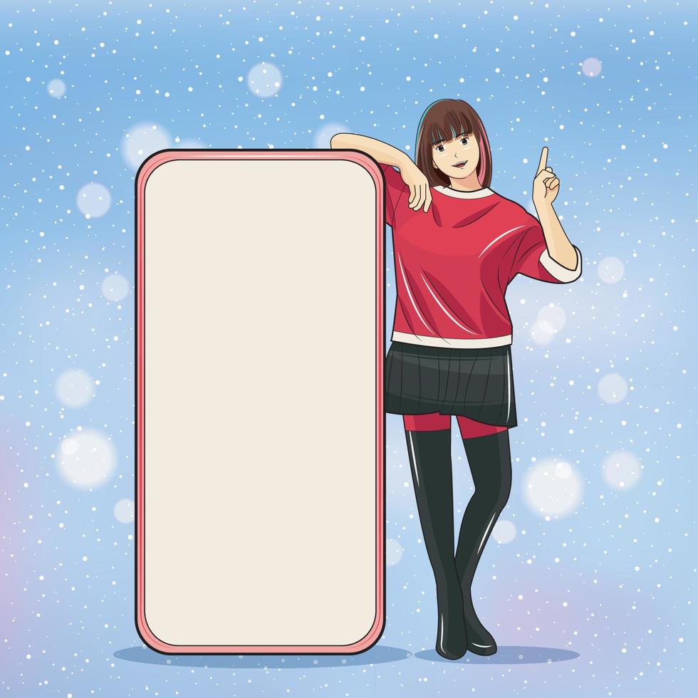 Advertising Christmas Concept. Young girl looking and pointing up with big cell phone beside her vector illustration free download