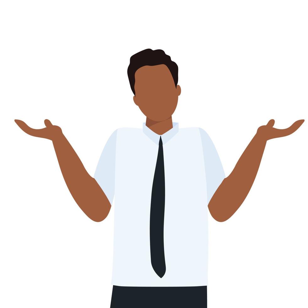 African American man in business costume with black tie shrug. I don't know, oops. Isolated vector illustration.