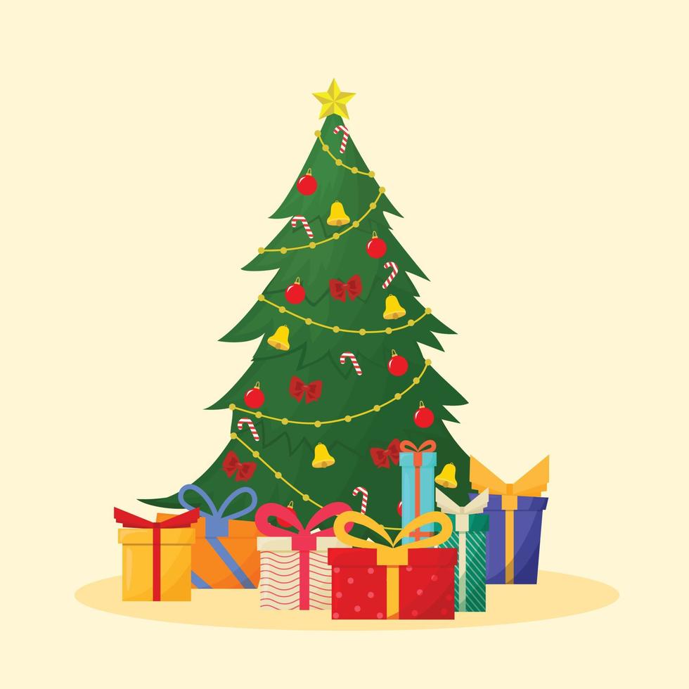 árbol de navidad con elementos de decoración y cajas de regalo. árbol con estrella, luces, bolas decorativas y lámparas. feliz Navidad y un Feliz Año Nuevo. vector