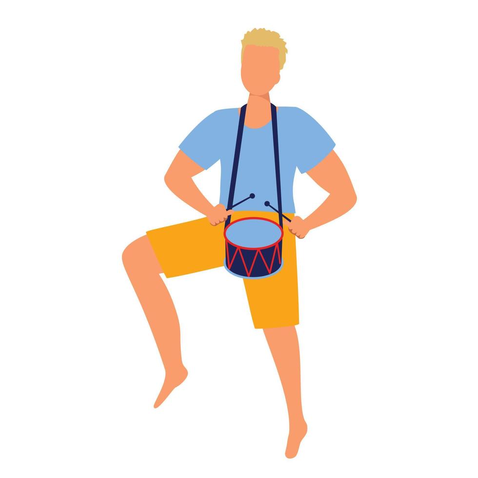 European blonde man dancing with drum. Vector illustration.
