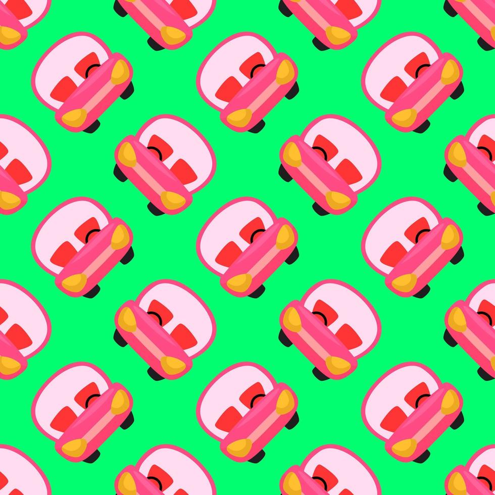 Pink car, seamless pattern on green background. vector