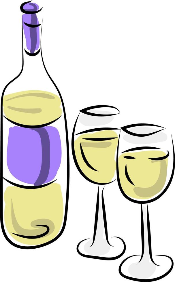 Champagne with glasses, illustration, vector on white background.