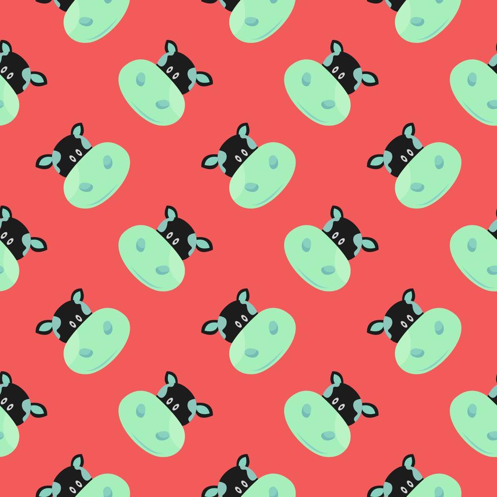 Green cow head , seamless pattern on a bright red background. vector