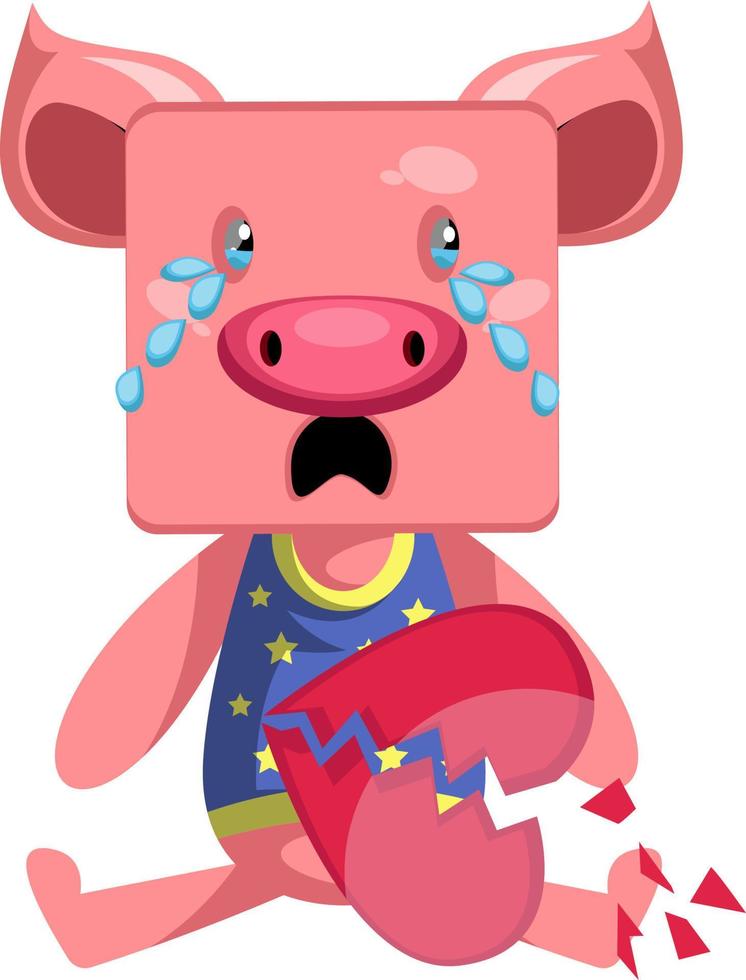 Pig with broken heart, illustration, vector on white background.