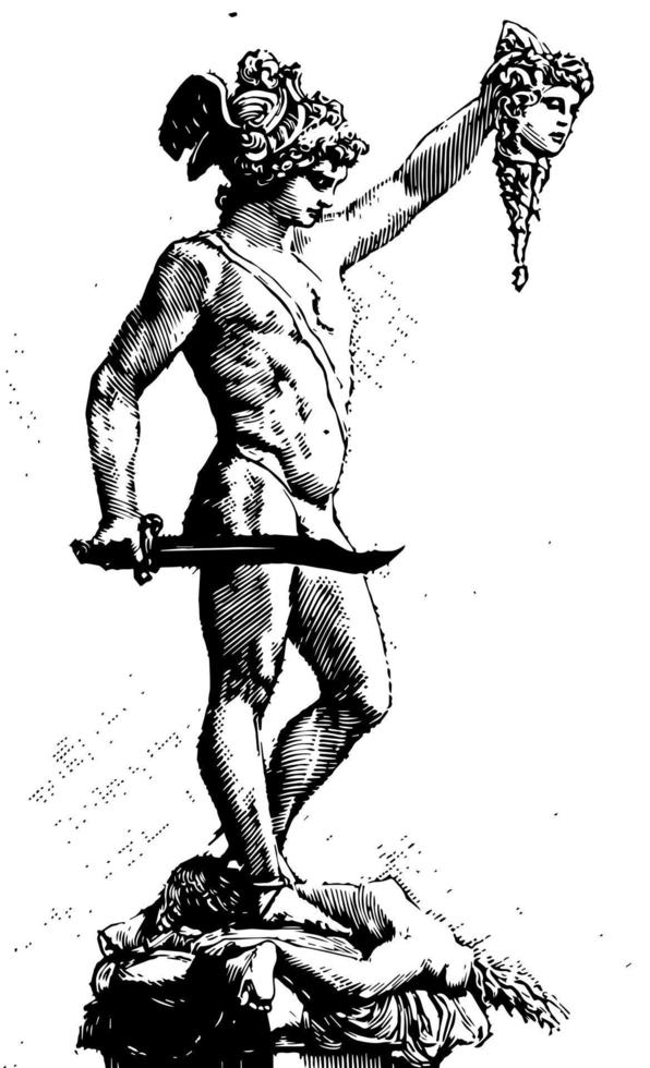 Perseus Sculpture holding a decapitated head, vintage engraving. vector