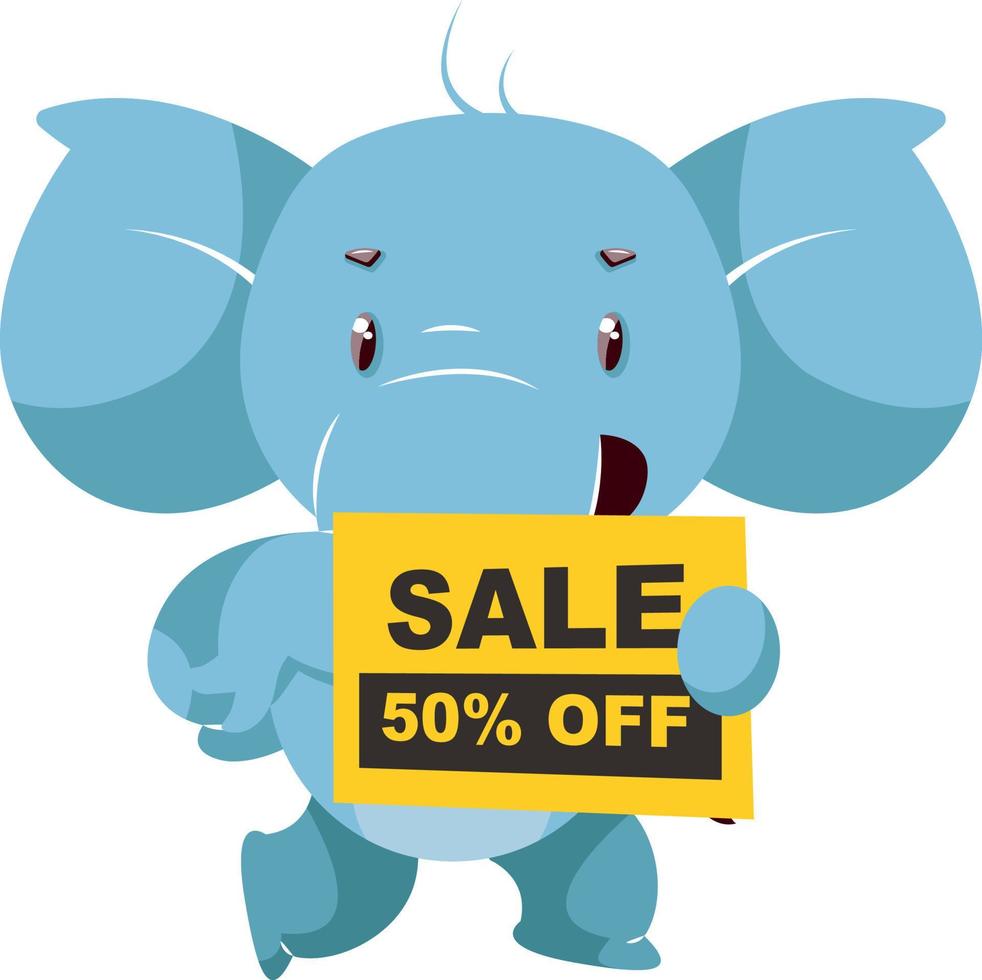 Elefante con signo de venta, ilustración, vector sobre fondo blanco.