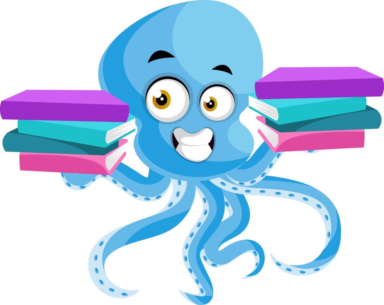 Octopus with books, illustration, vector on white background.