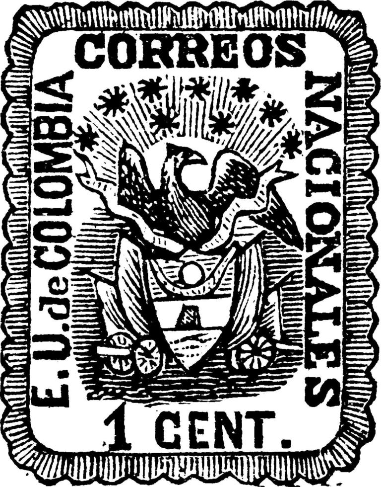 república colombiana sello de 1 centavo, 1865, ilustración vintage vector