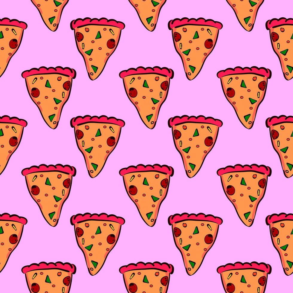 Pizza slice, seamless pattern on pink background. vector