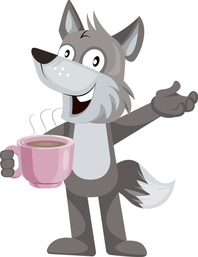 Lobo con café, ilustración, vector sobre fondo blanco.