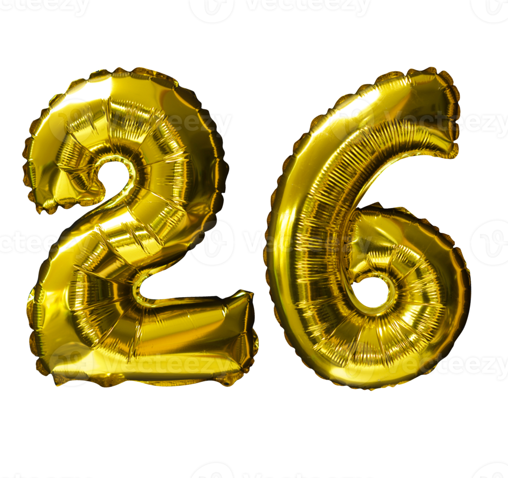 26 ballons d'hélium nombre d'or fond isolé. ballons réalistes en aluminium et en latex. éléments de conception pour la fête, l'événement, l'anniversaire, l'anniversaire et le mariage. png