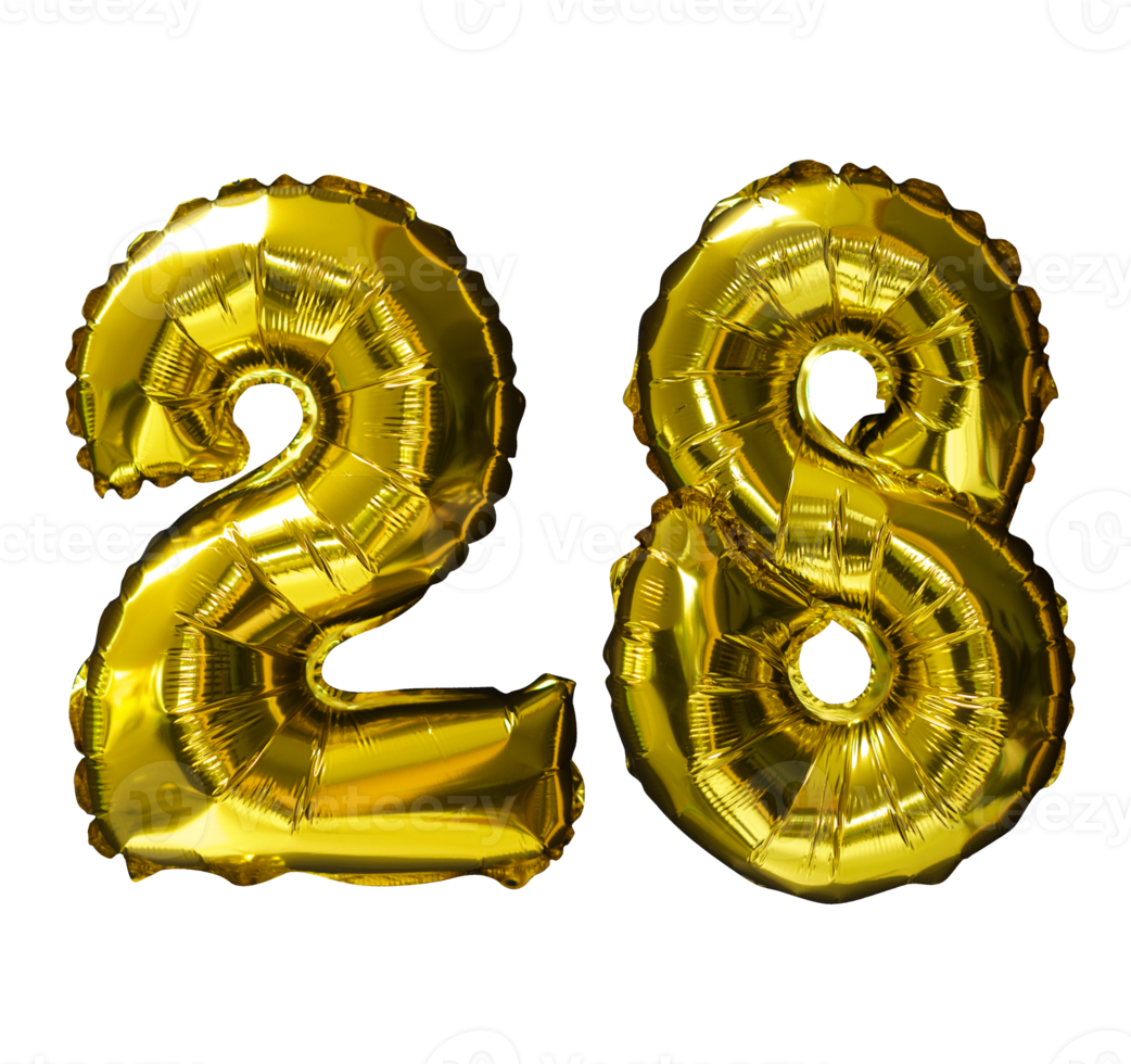 28 Golden number helium balloons isolated background. Realistic foil and latex balloons. design elements for party, event, birthday, anniversary and wedding. png