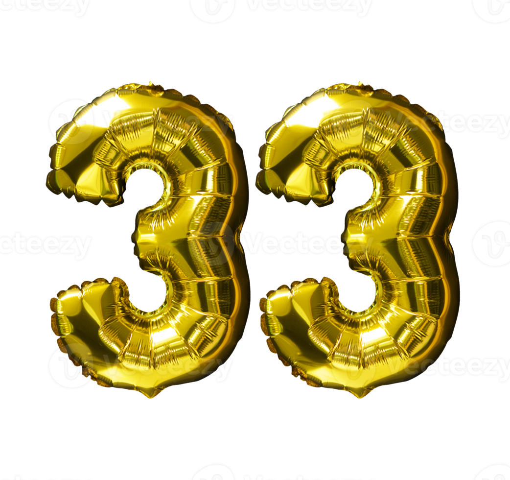 33 Heliumballons mit goldener Zahl isolierter Hintergrund. realistische Folien- und Latexballons. Designelemente für Party, Event, Geburtstag, Jubiläum und Hochzeit. png