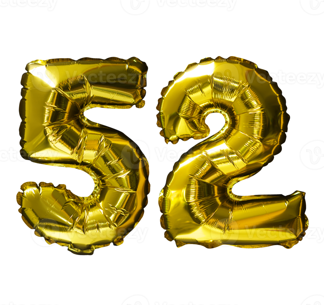 52 balões de hélio número dourado isolado de fundo. folha realista e balões de látex. elementos de design para festa, evento, aniversário, aniversário e casamento. png