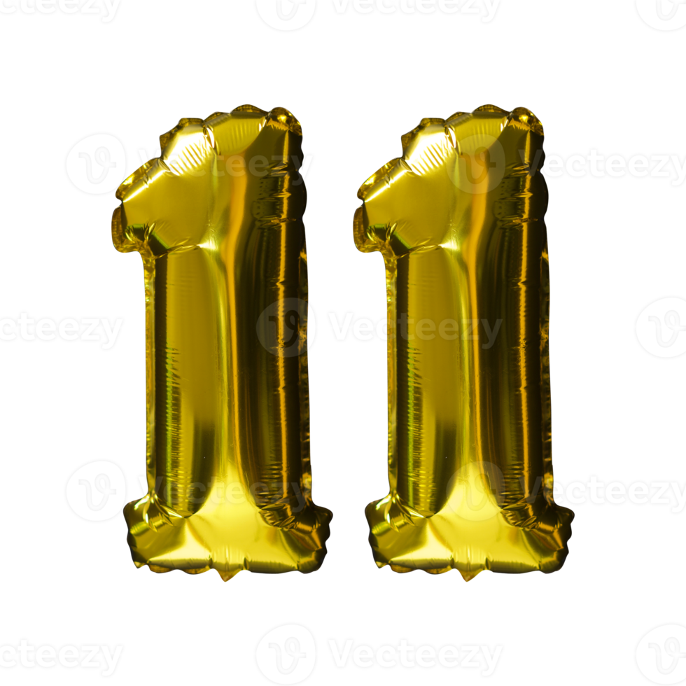 11 gouden aantal helium ballonnen geïsoleerd achtergrond. realistisch folie en latex ballonnen. ontwerp elementen voor partij, evenement, verjaardag, verjaardag en bruiloft. png