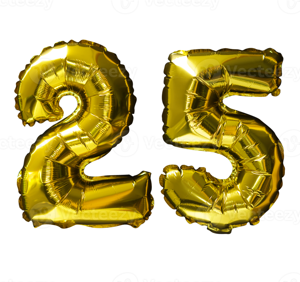 25 Golden number helium balloons isolated background. Realistic foil and latex balloons. design elements for party, event, birthday, anniversary and wedding. png