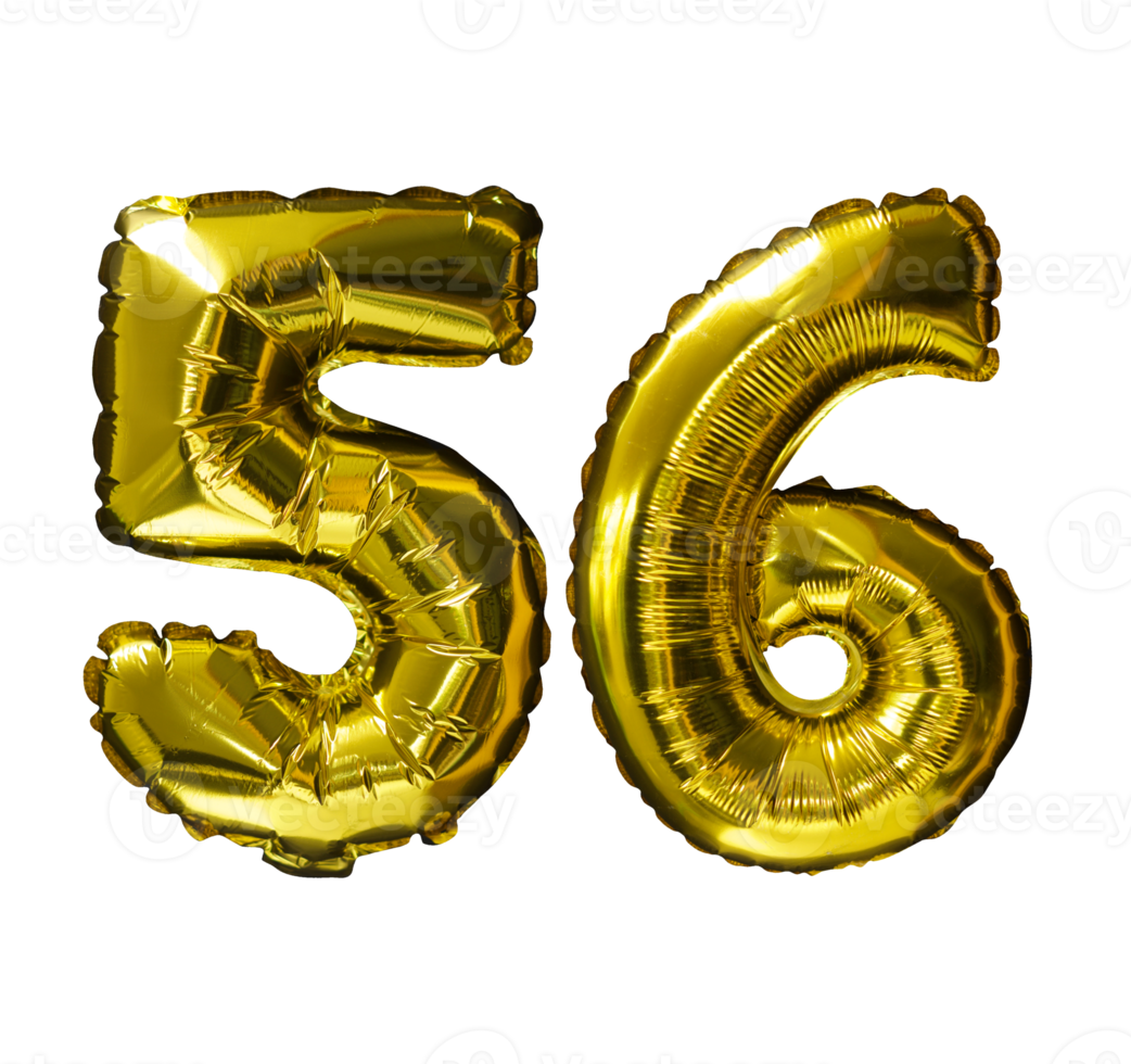 56 Golden number helium balloons isolated background. Realistic foil and latex balloons. design elements for party, event, birthday, anniversary and wedding. png