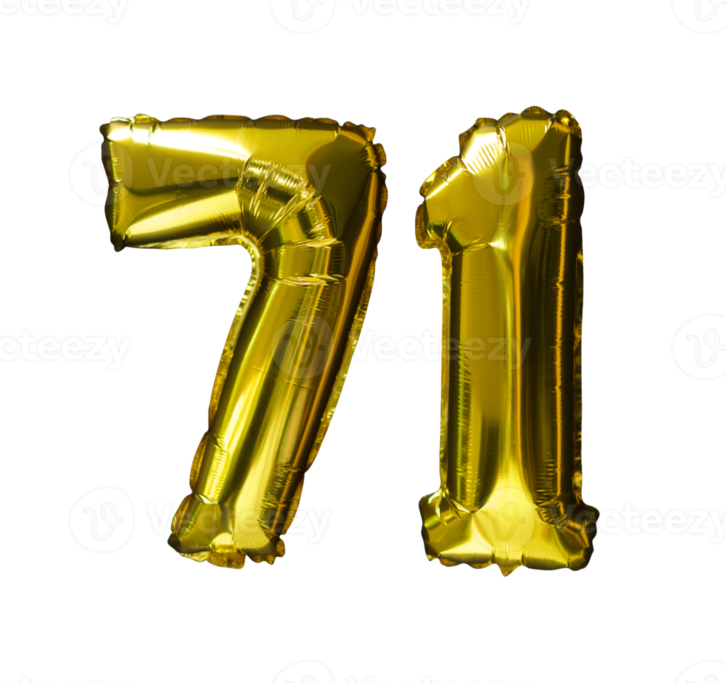 71 Heliumballons mit goldener Zahl isolierter Hintergrund. realistische Folien- und Latexballons. Designelemente für Party, Event, Geburtstag, Jubiläum und Hochzeit. png