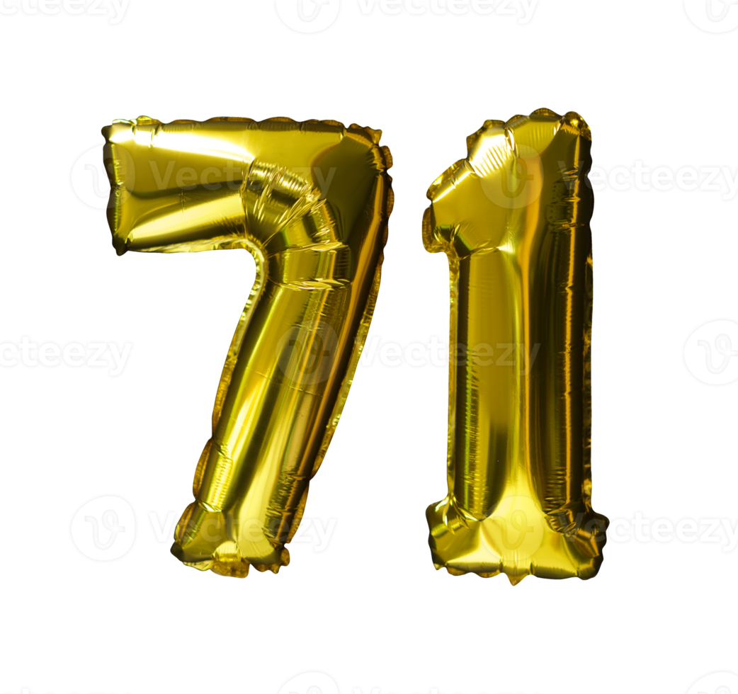 71 ballons d'hélium nombre d'or fond isolé. ballons réalistes en aluminium et en latex. éléments de conception pour la fête, l'événement, l'anniversaire, l'anniversaire et le mariage. png