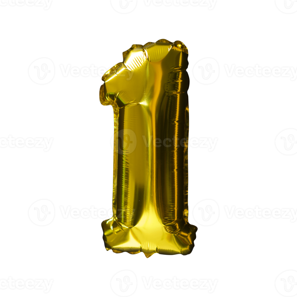 1 Golden number helium balloons isolated background. Realistic foil and
