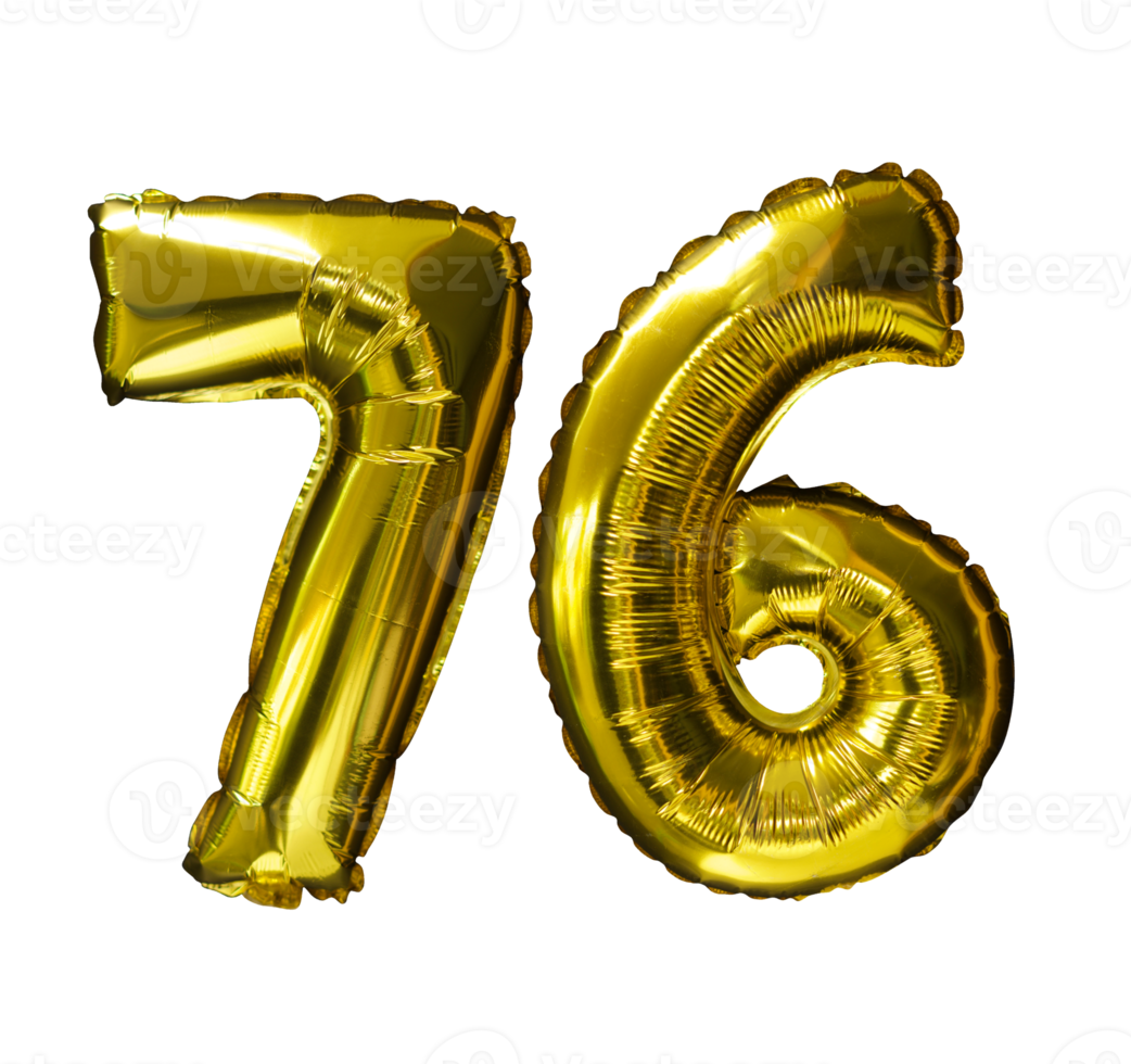 76 Golden number helium balloons isolated background. Realistic foil and latex balloons. design elements for party, event, birthday, anniversary and wedding. png