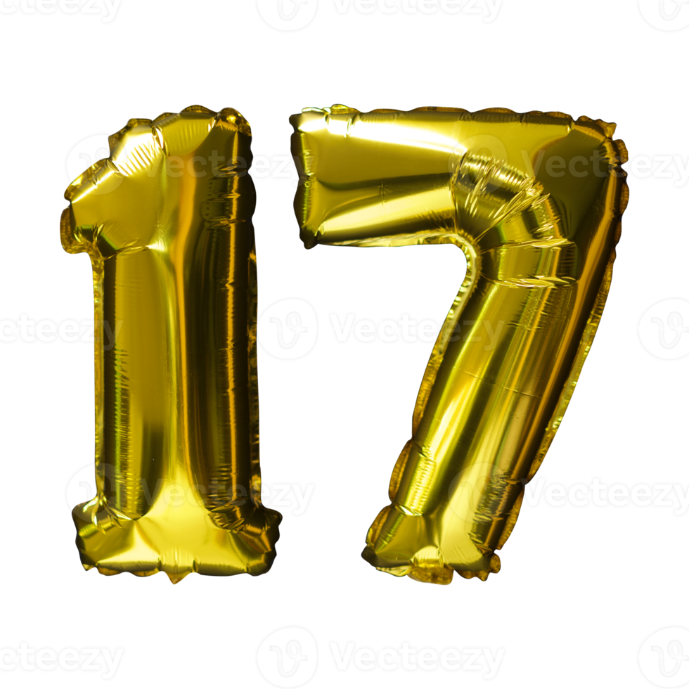 17 Golden number helium balloons isolated background. Realistic foil and latex balloons. design elements for party, event, birthday, anniversary and wedding. png