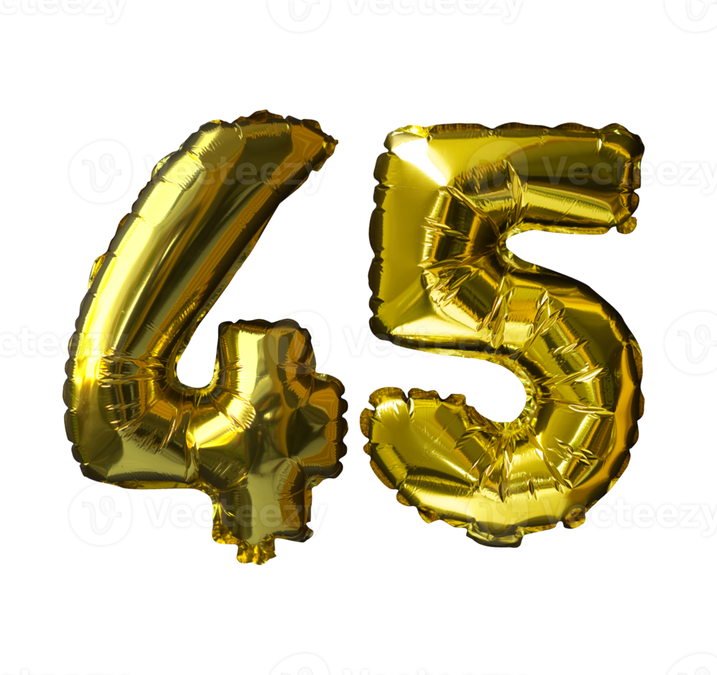 45 ballons d'hélium nombre d'or fond isolé. ballons réalistes en aluminium et en latex. éléments de conception pour la fête, l'événement, l'anniversaire, l'anniversaire et le mariage. png