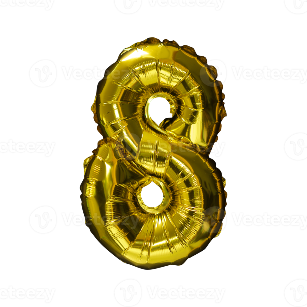 8 Golden number helium balloons isolated background. Realistic foil and latex balloons. design elements for party, event, birthday, anniversary and wedding. png