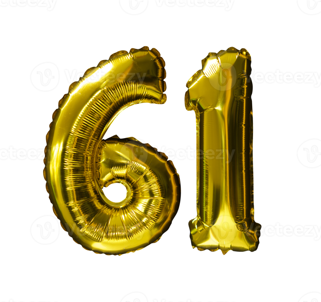 61 Golden number helium balloons isolated background. Realistic foil and latex balloons. design elements for party, event, birthday, anniversary and wedding. png