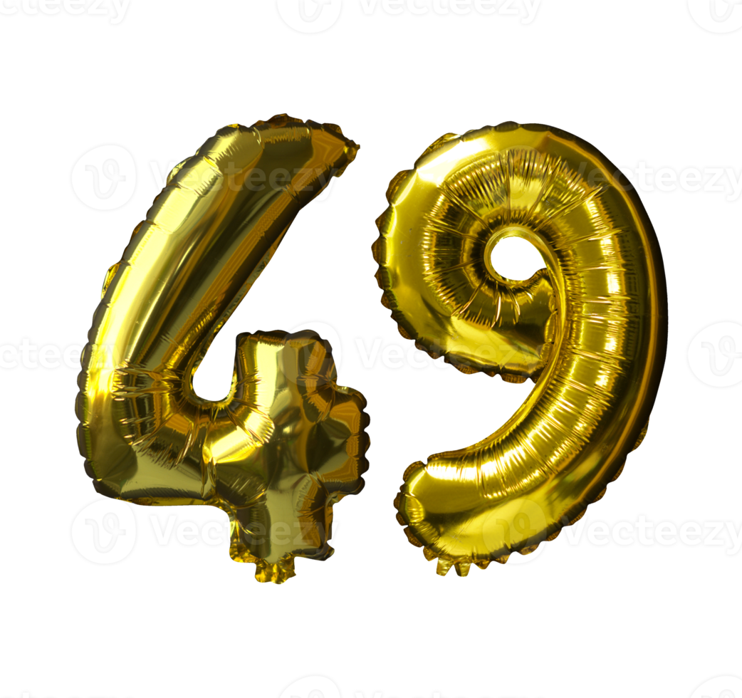 49 Golden number helium balloons isolated background. Realistic foil