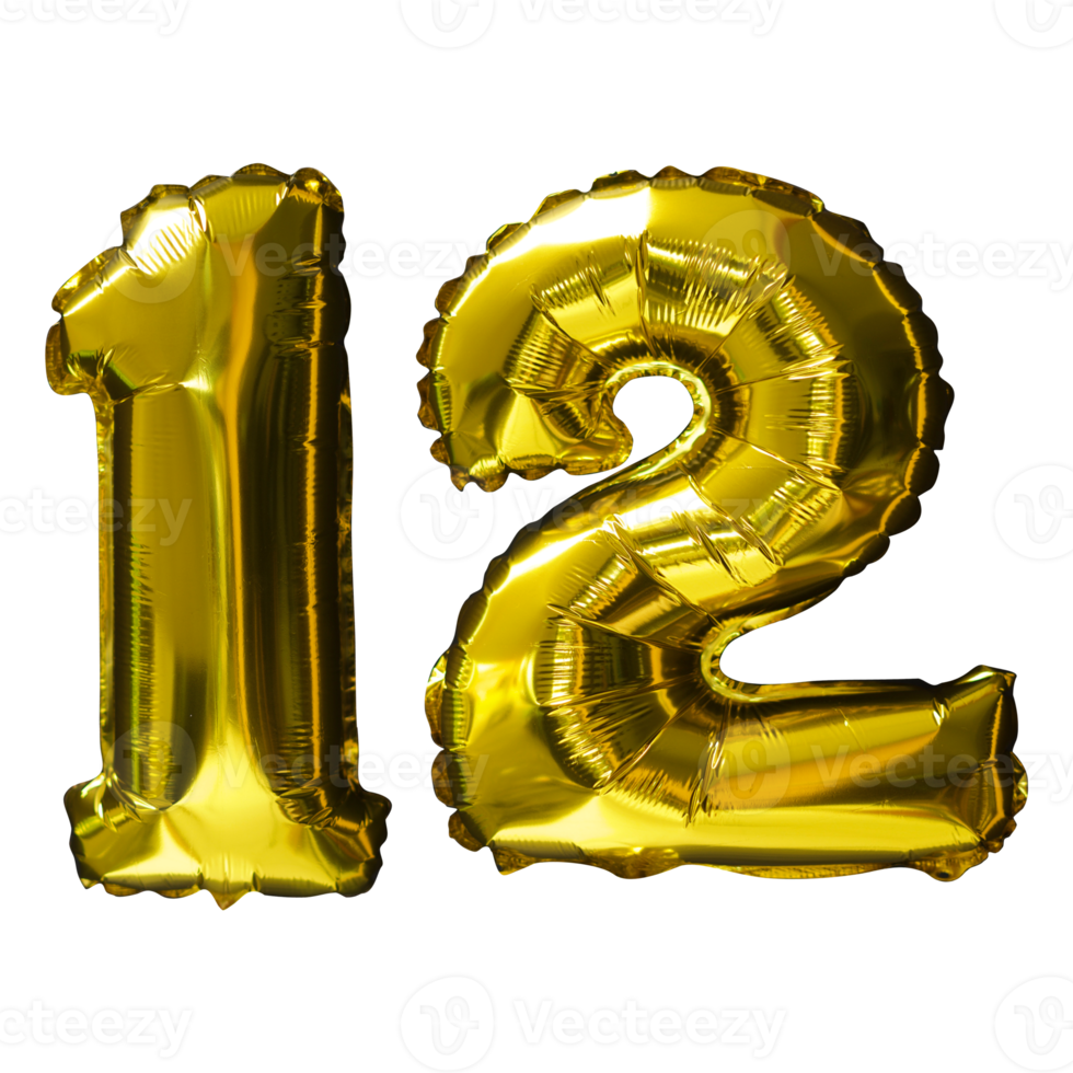 12 Golden number helium balloons isolated background. Realistic foil and latex balloons. design elements for party, event, birthday, anniversary and wedding. png