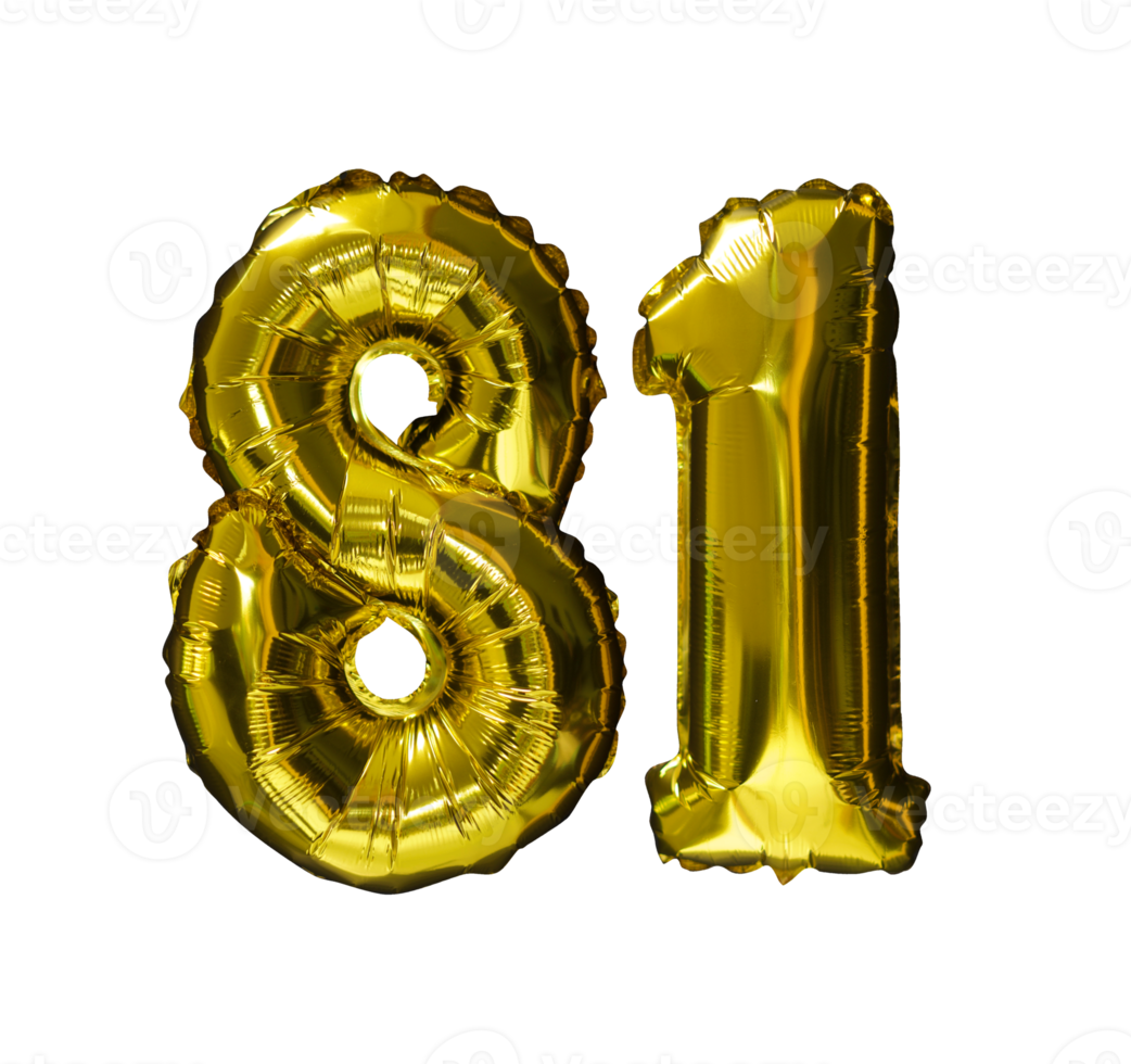 81 Golden number helium balloons isolated background. Realistic foil and latex balloons. design elements for party, event, birthday, anniversary and wedding. png