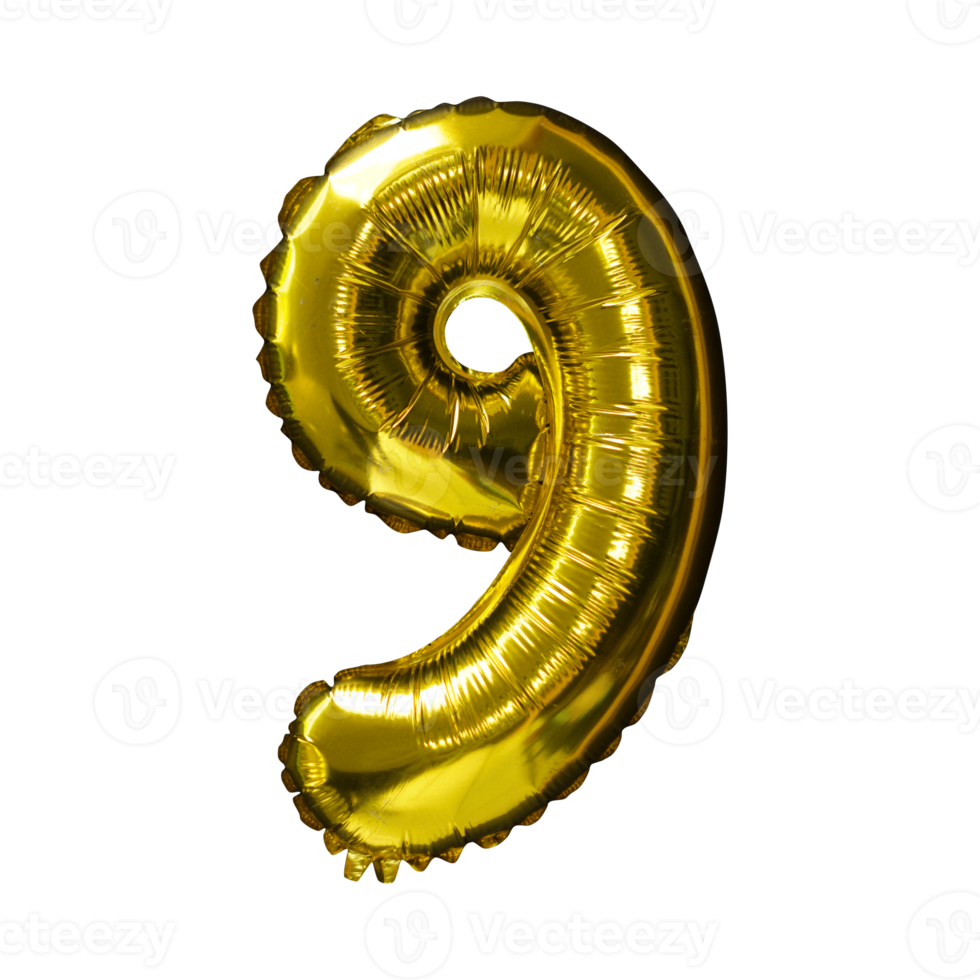 9 Golden number helium balloons isolated background. Realistic foil and latex balloons. design elements for party, event, birthday, anniversary and wedding. png