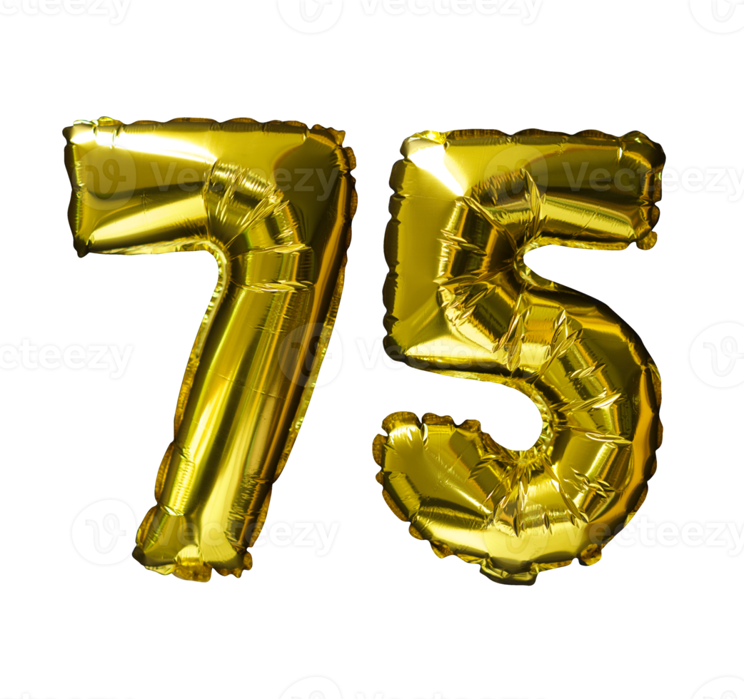 75 Heliumballons mit goldener Zahl isolierter Hintergrund. realistische Folien- und Latexballons. Designelemente für Party, Event, Geburtstag, Jubiläum und Hochzeit. png