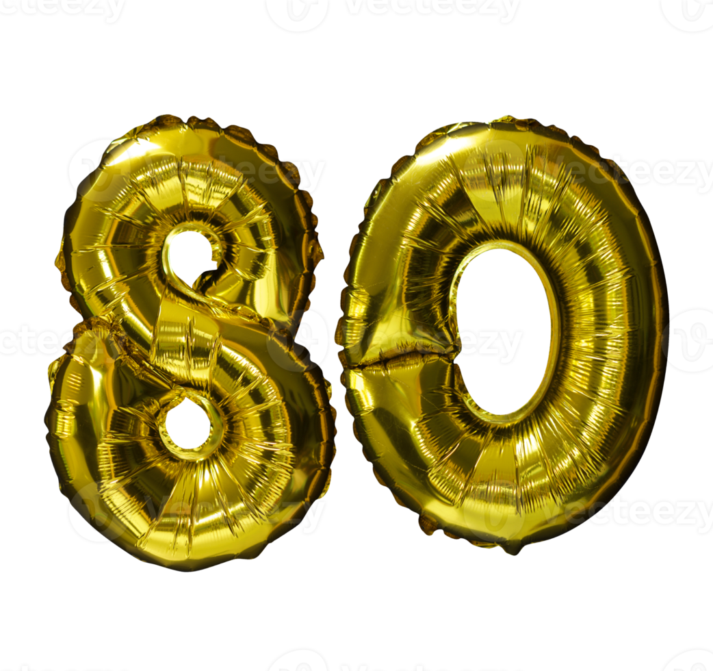 80 Golden number helium balloons isolated background. Realistic foil and latex balloons. design elements for party, event, birthday, anniversary and wedding. png