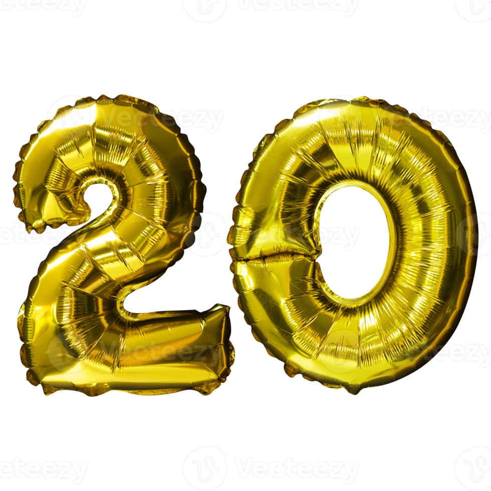 20 Golden number helium balloons isolated background. Realistic foil and latex balloons. design elements for party, event, birthday, anniversary and wedding. png