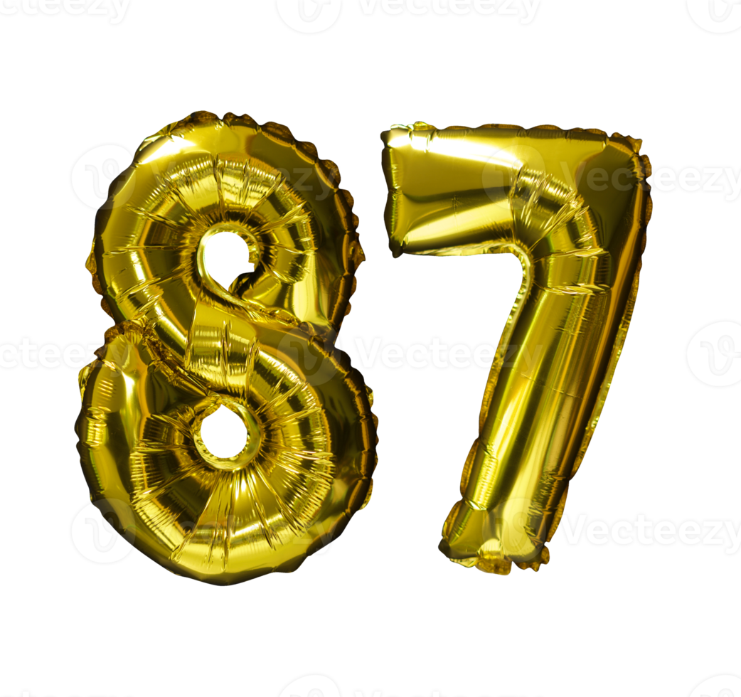 87 d'oro numero elio palloncini isolato sfondo. realistico Foglio e latice palloncini. design elementi per festa, evento, compleanno, anniversario e nozze. png