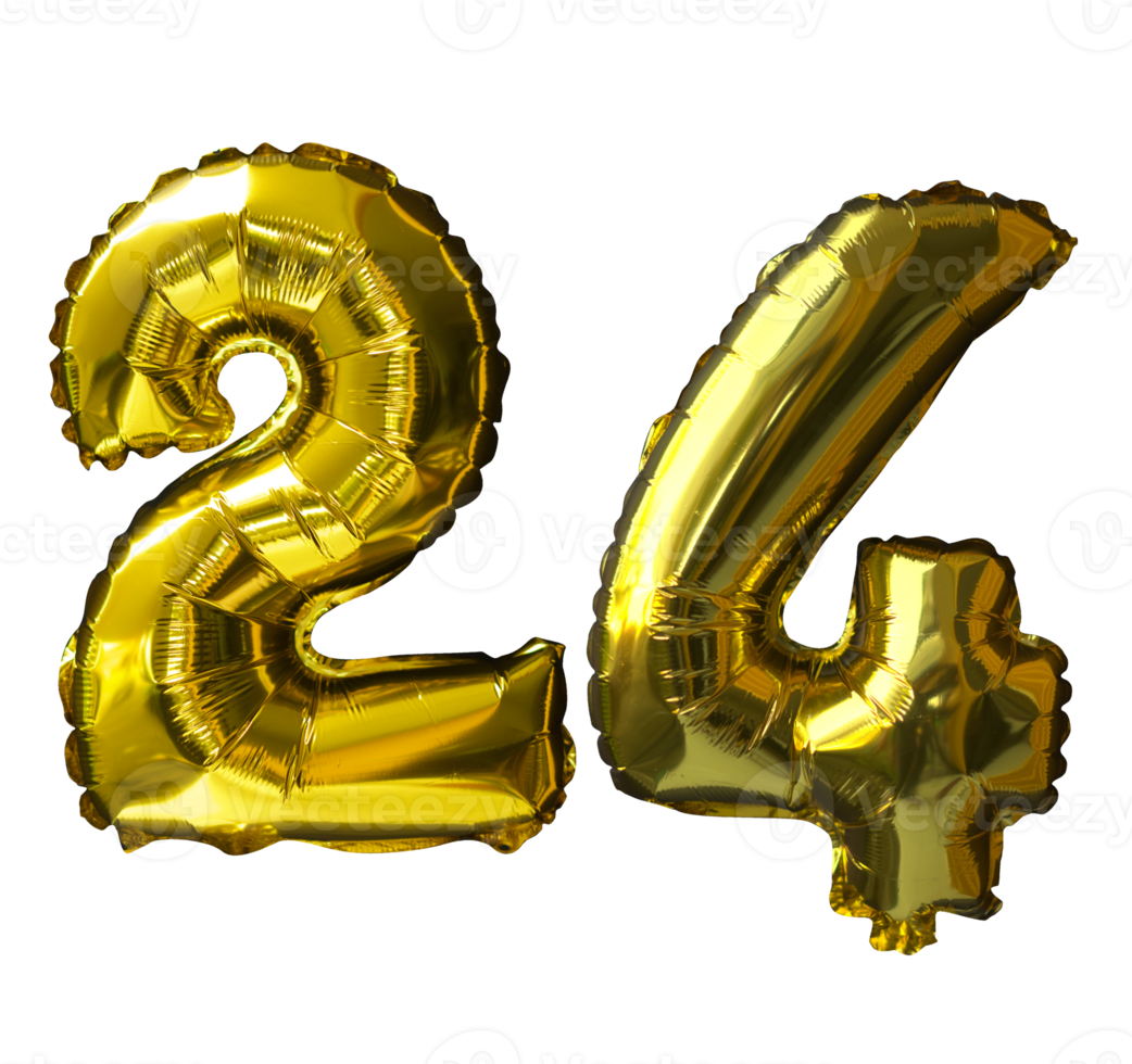 24 globos de helio número dorado fondo aislado. Globos de látex y papel de aluminio realistas. elementos de diseño para fiesta, evento, cumpleaños, aniversario y boda. png